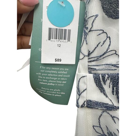 J Taylor white mesh embroidered blue flowers midi fit & flare dress. Size-12 - Picture 5 of 7